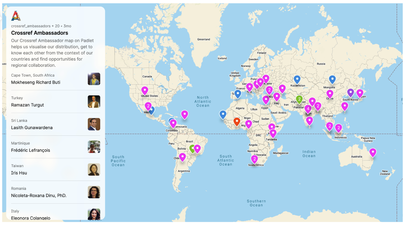 Slide titled "Ambassador highlights: supporting GEM program" with left-side collage of conference photos and a world map of Crossref Ambassadors with location pins.